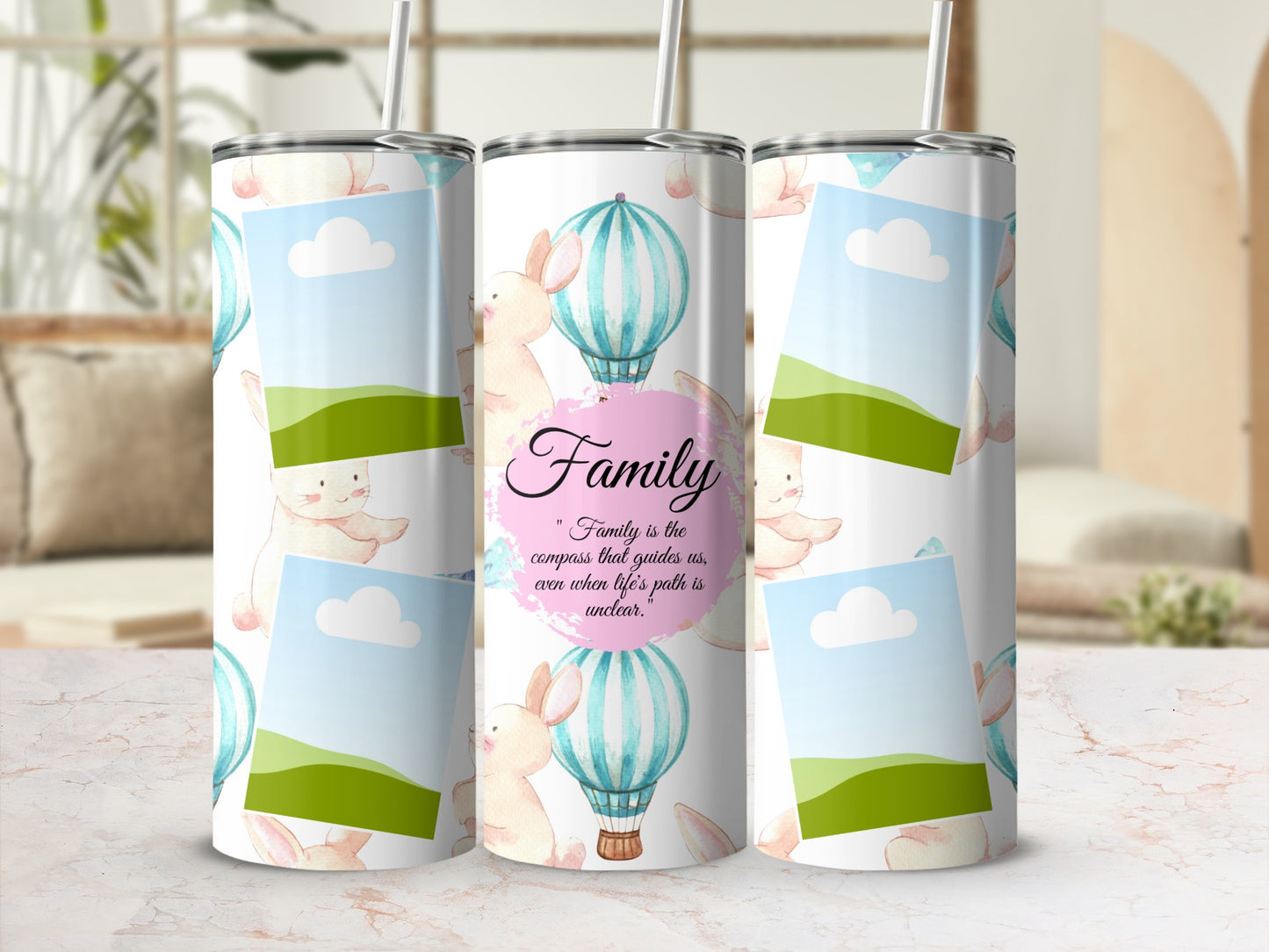 Tumbler with watercolor bunnies, hot air balloons, and "Family" quote.