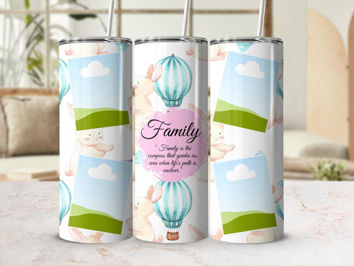 Tumbler with watercolor bunnies, hot air balloons, and "Family" quote.