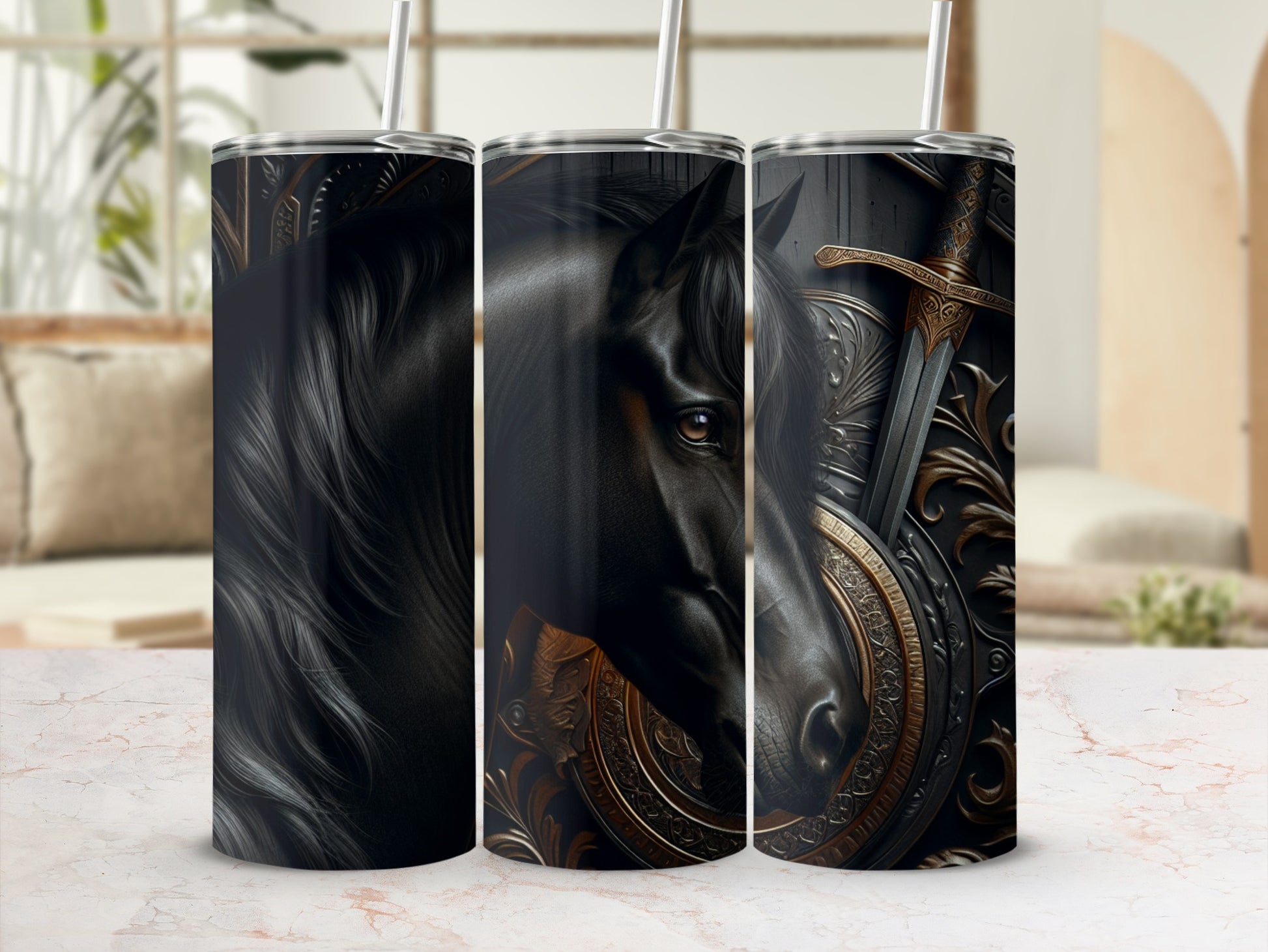 Black horse head and sword on a patterned tumbler.