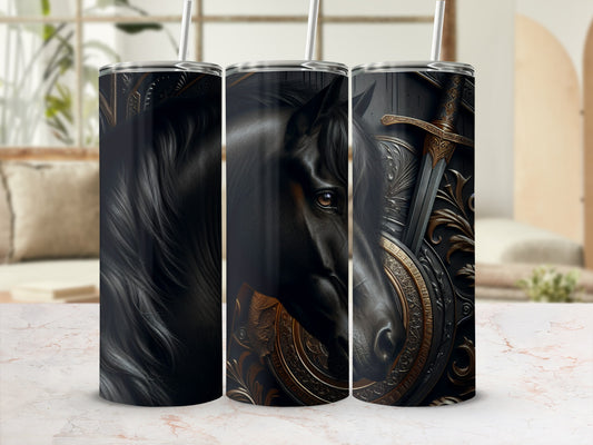 Black horse head and sword on a patterned tumbler.