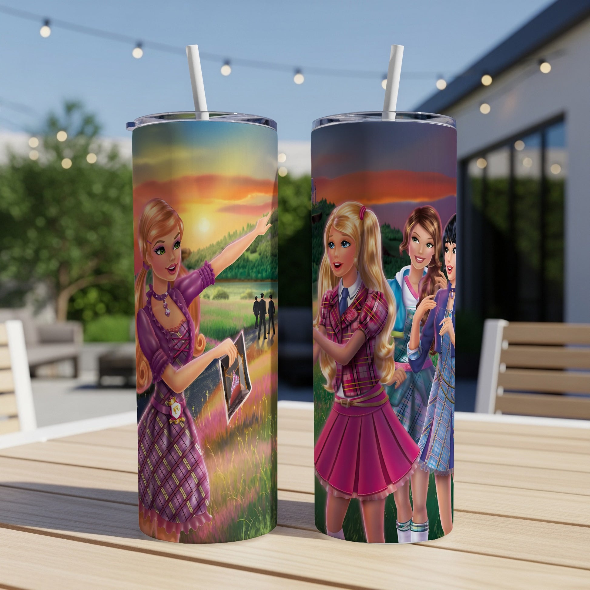 Barbie characters on a purple plaid tumbler with straw.