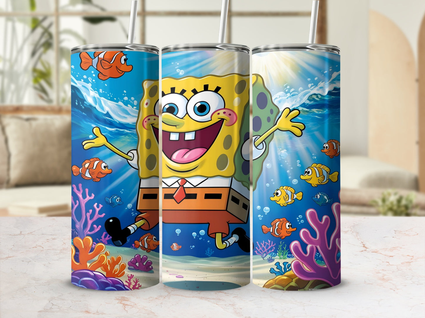 SpongeBob SquarePants and fish underwater with bubbles and coral.
