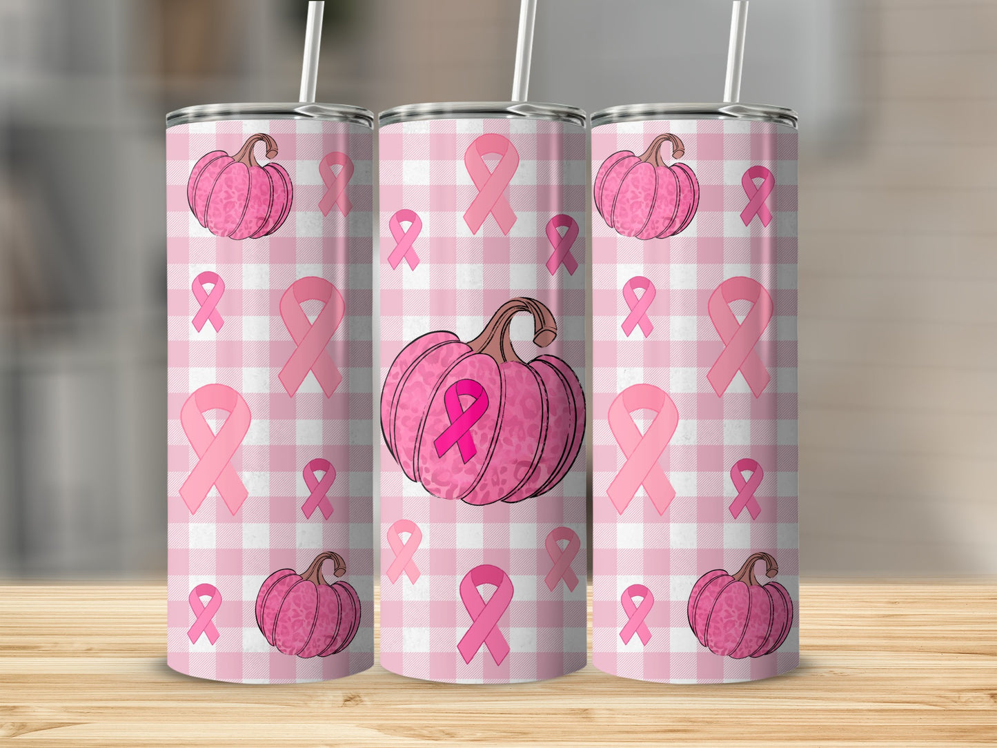 Pink gingham tumbler with pink breast cancer ribbon pumpkin design.