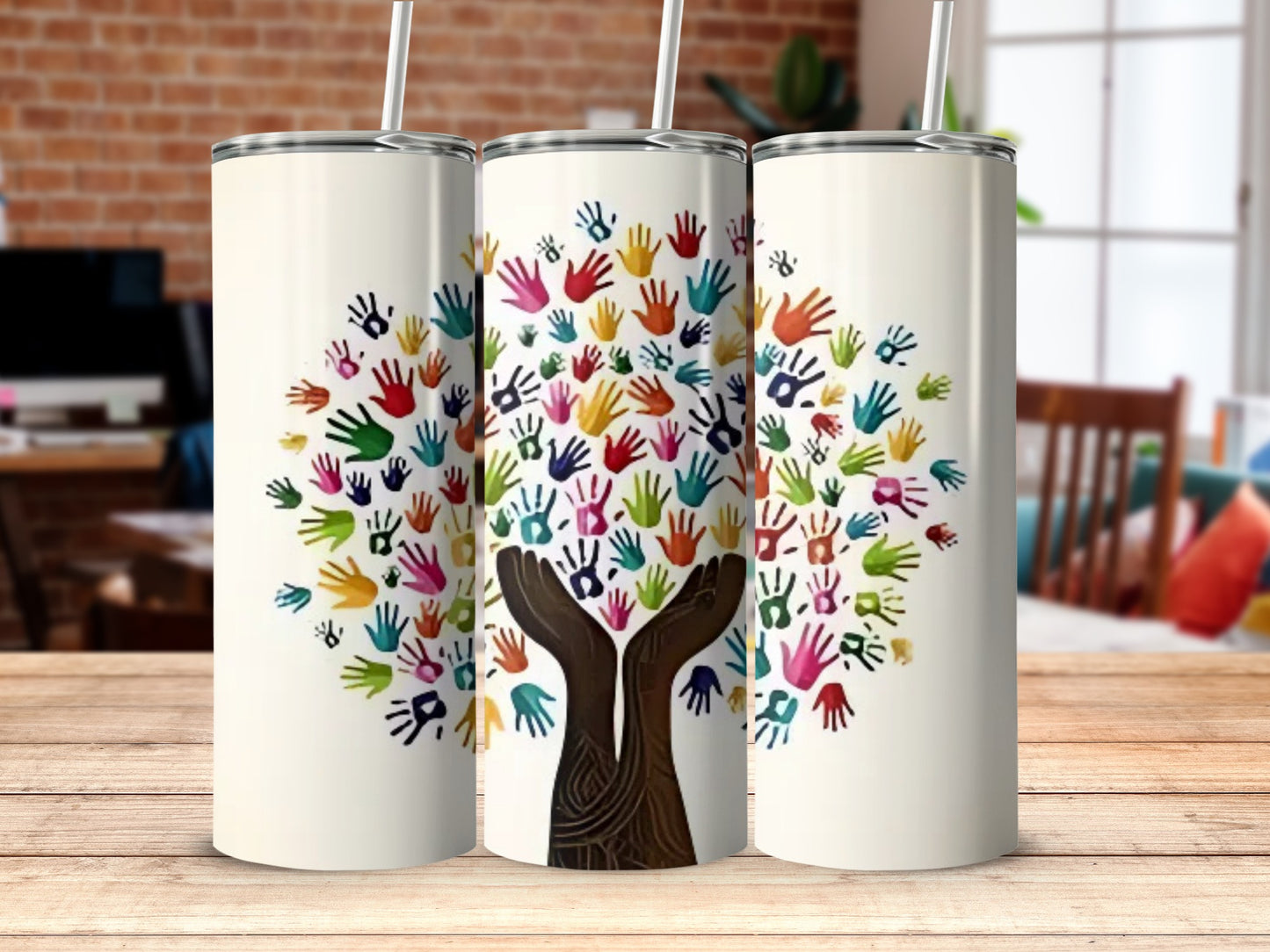 Vibrant Handprint Tree Art Travel Tumbler