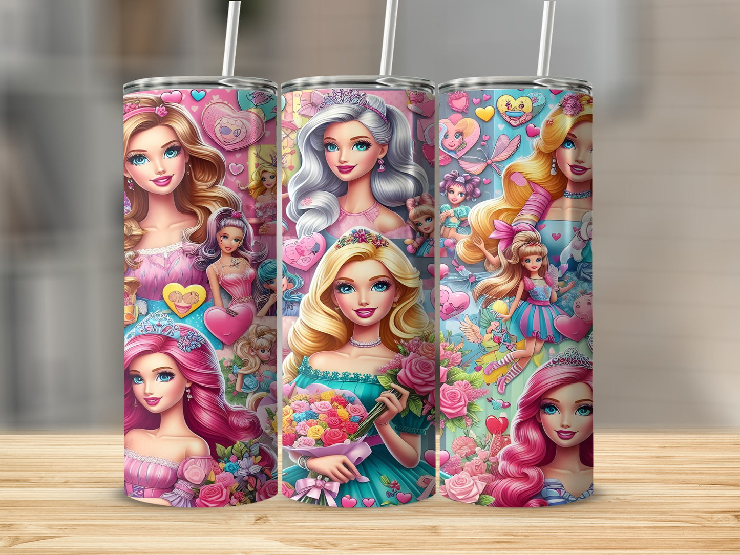 Three Barbie-themed tumblers with princesses and hearts, displayed on a wooden surface.