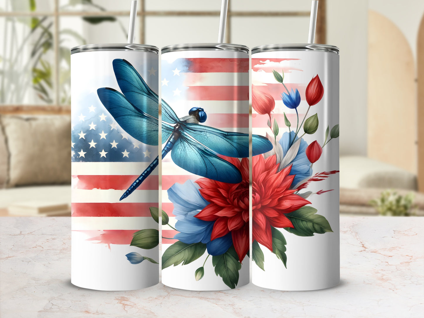 Dragonfly and flowers on patriotic USA flag background tumbler.
