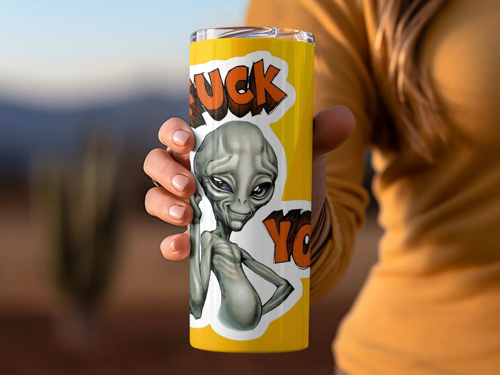 Alien Design Tumbler Featuring Message and Artwork