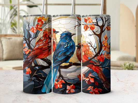 Three tumblers with stained glass birds and autumn leaves design.