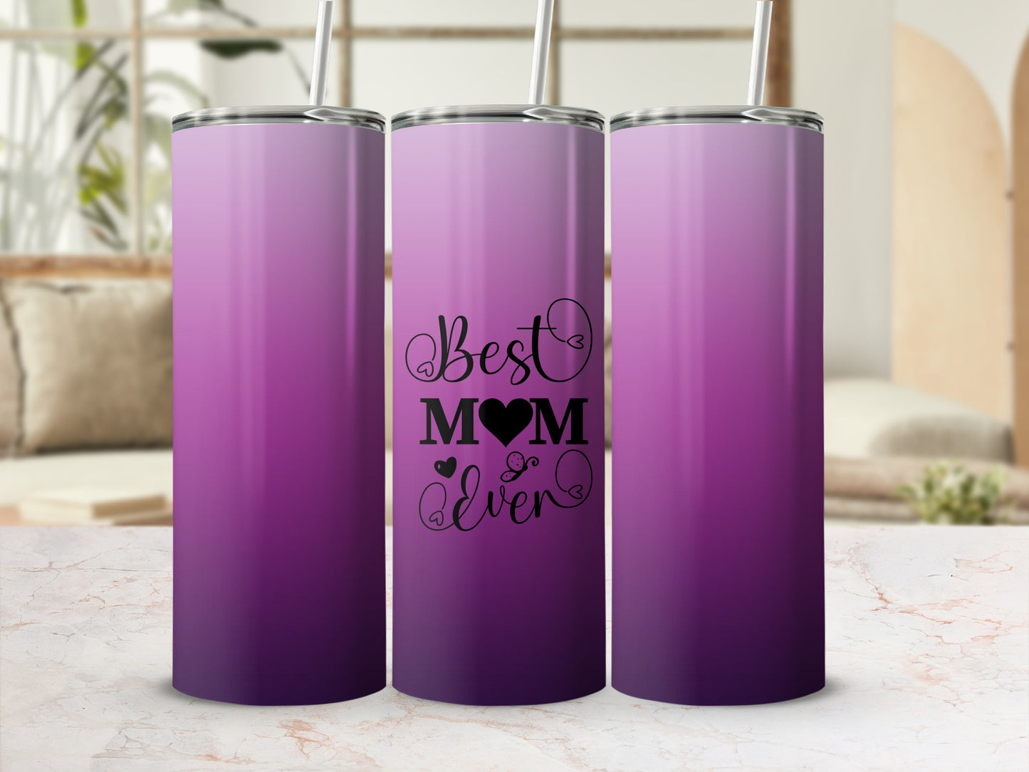Purple ombre tumbler with "Best Mom Ever" text and heart graphic.