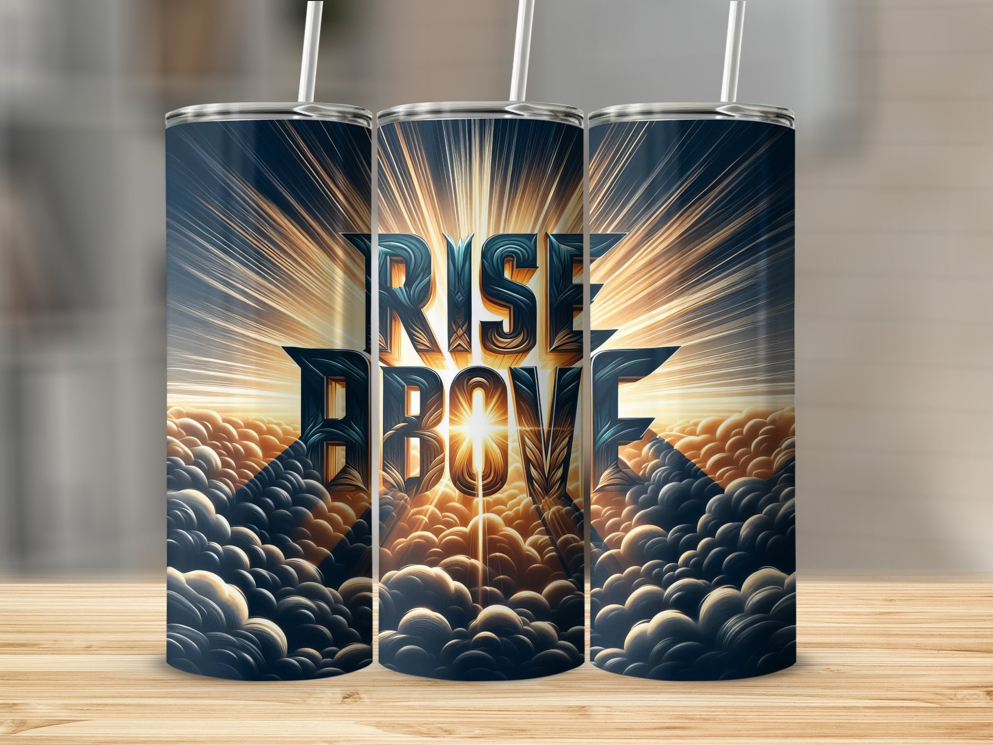 Three tumblers with "Rise Above" text against a cloudy sunrise background.