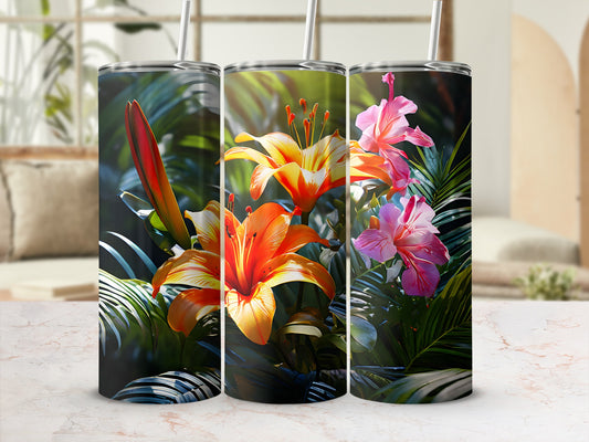 Triptych of tumblers featuring vibrant orange lilies and pink hibiscus flowers.