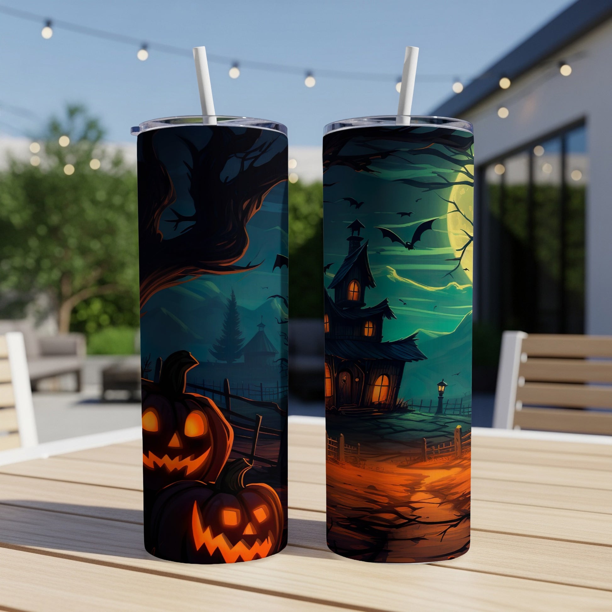Two tumblers with Halloween art: one with jack-o'-lanterns, the other with a haunted house and bats.