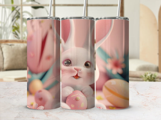 Pink bunny holding an egg, surrounded by Easter decorations and pastel colors.