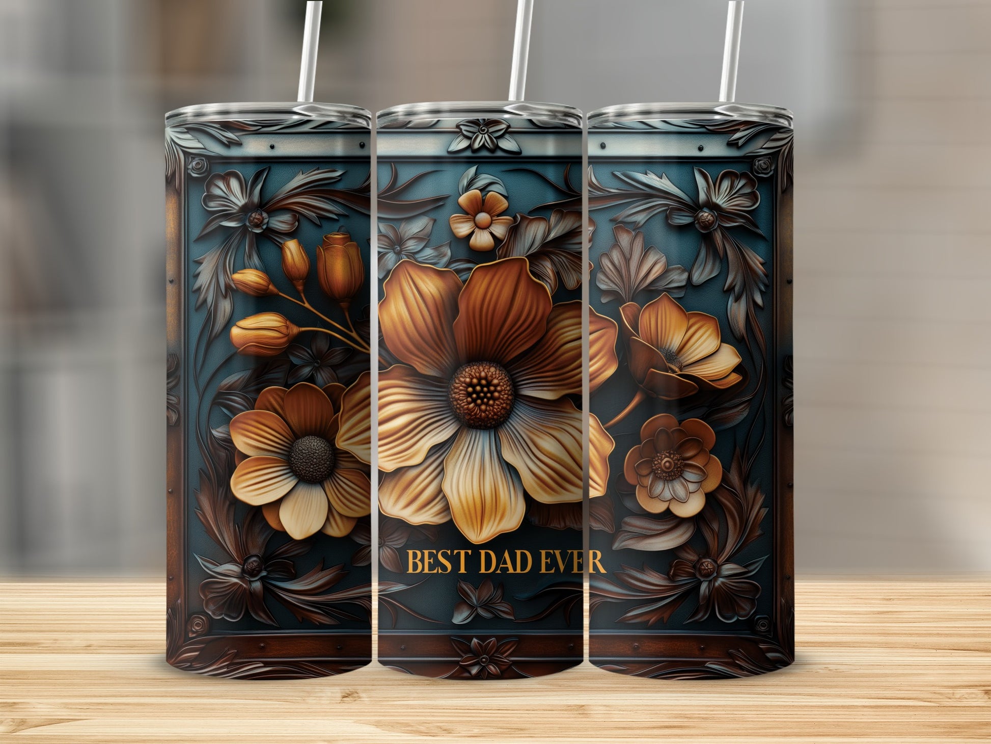 Triptych of tumblers with intricate floral design and "Best Dad Ever" text.
