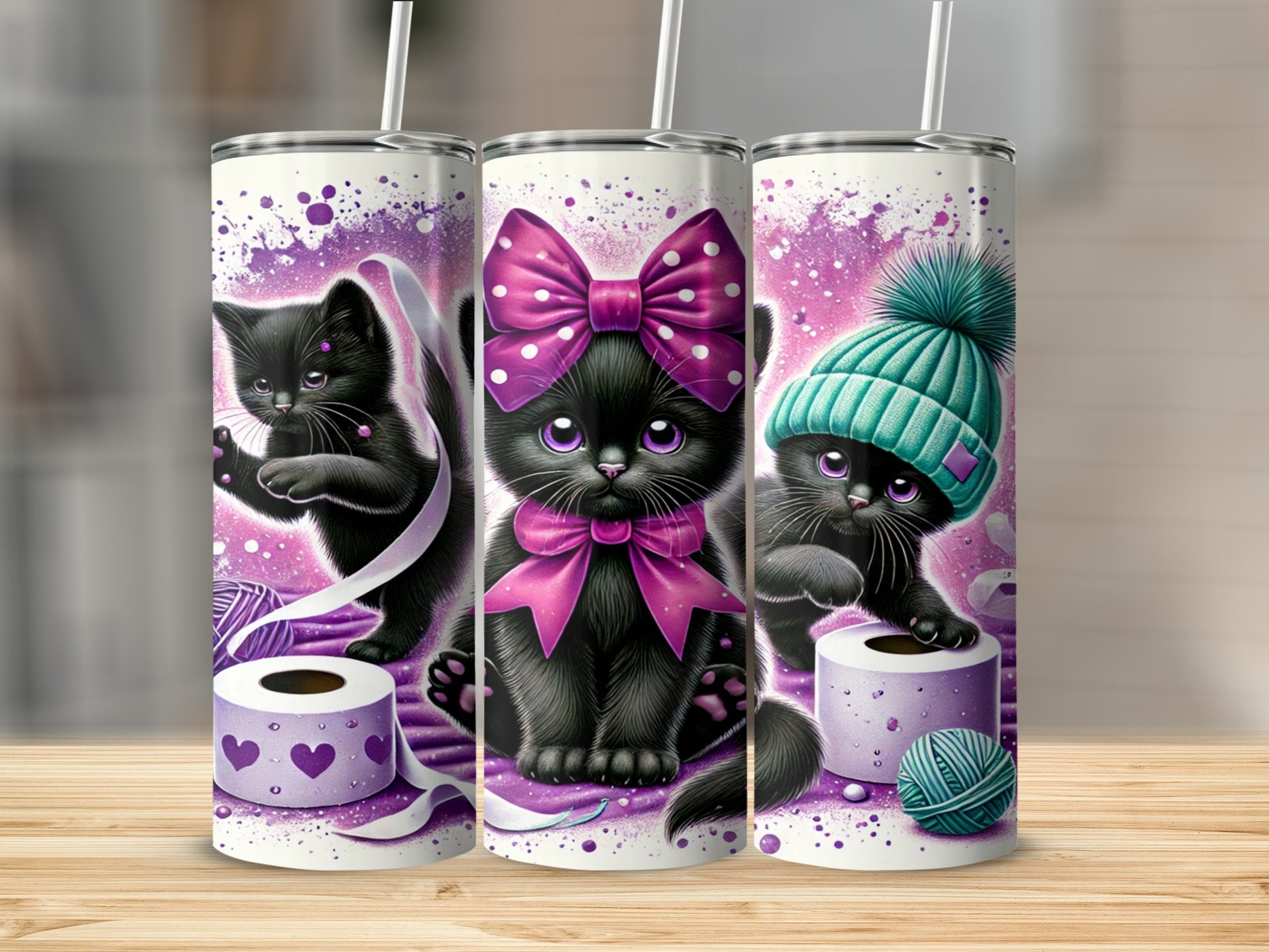Cute Black Kittens with Purple and Teal Accessories Tumbler