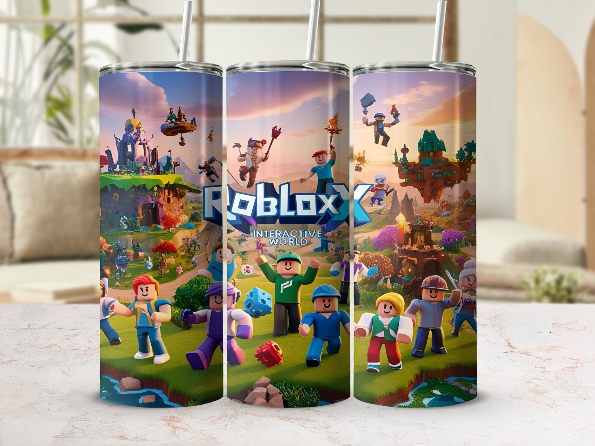 Roblox Interactive World with cartoon characters and game scenery.