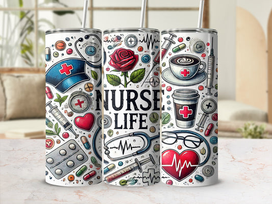 Tumbler with nurse-themed illustrations: stethoscope, heart, coffee, syringe, and text "NURSE LIFE".