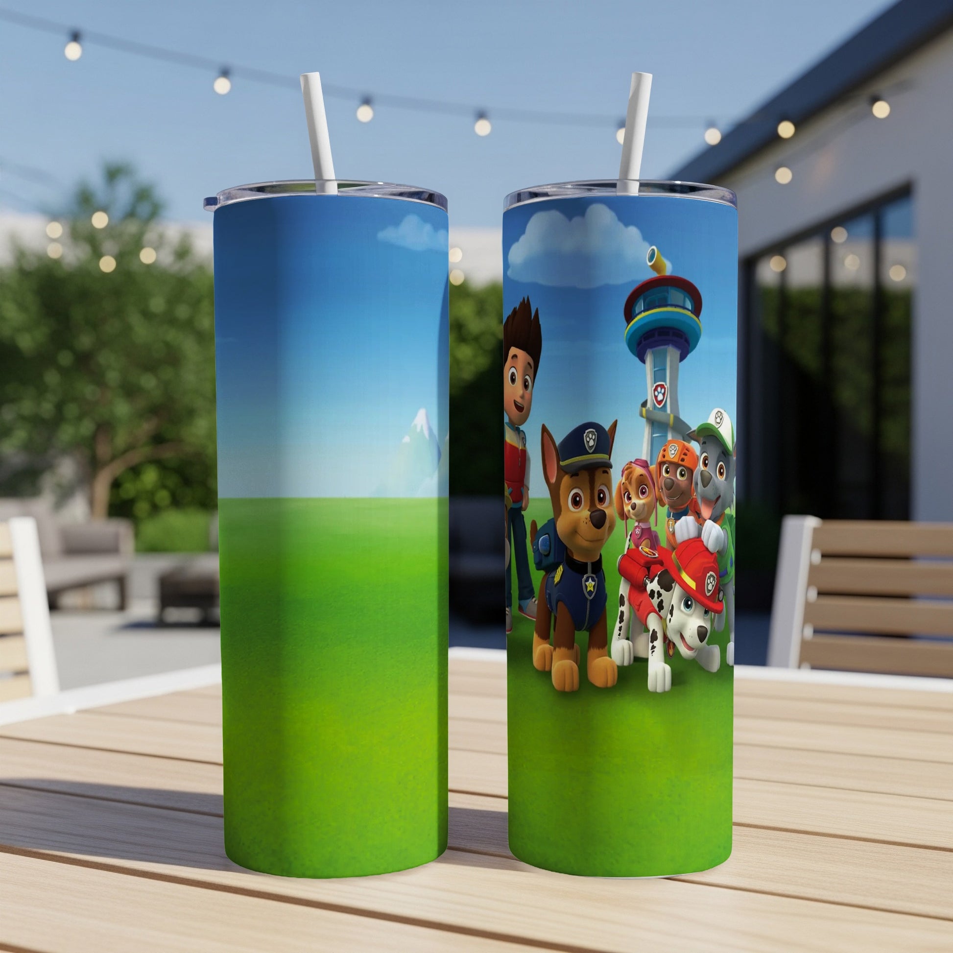 Paw Patrol characters on tumblers with outdoor background.