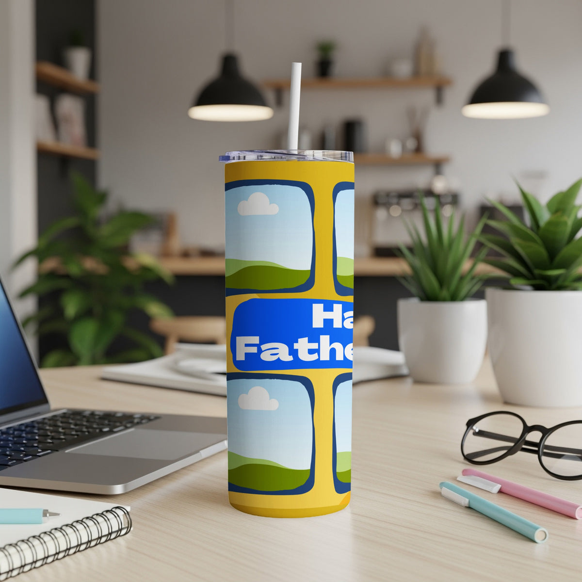 Yellow tumbler with blue frame graphics and "Happy Father's Day" text.