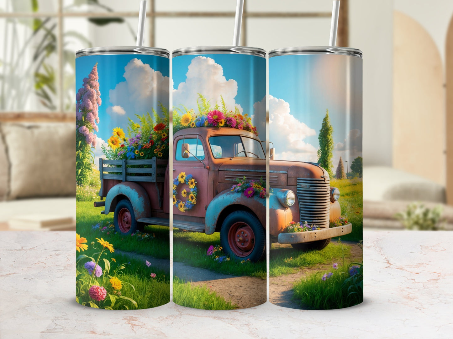Vintage truck with flowers on a grassy path.