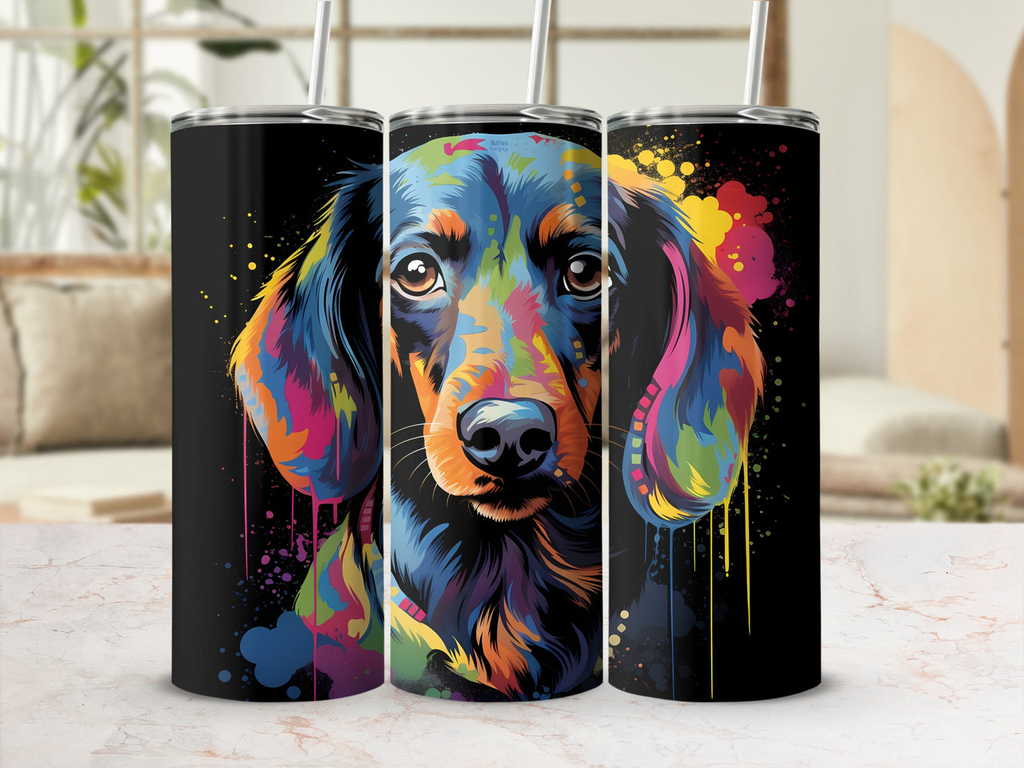 Colorful abstract dachshund portrait on black tumbler.