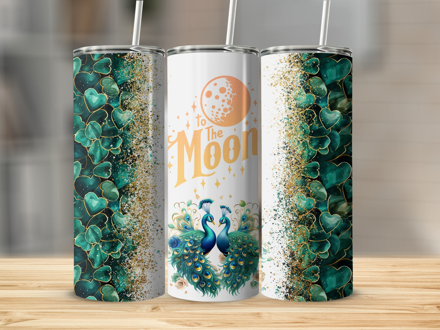 Elegant To The Moon Peacock Heart Design Tumbler