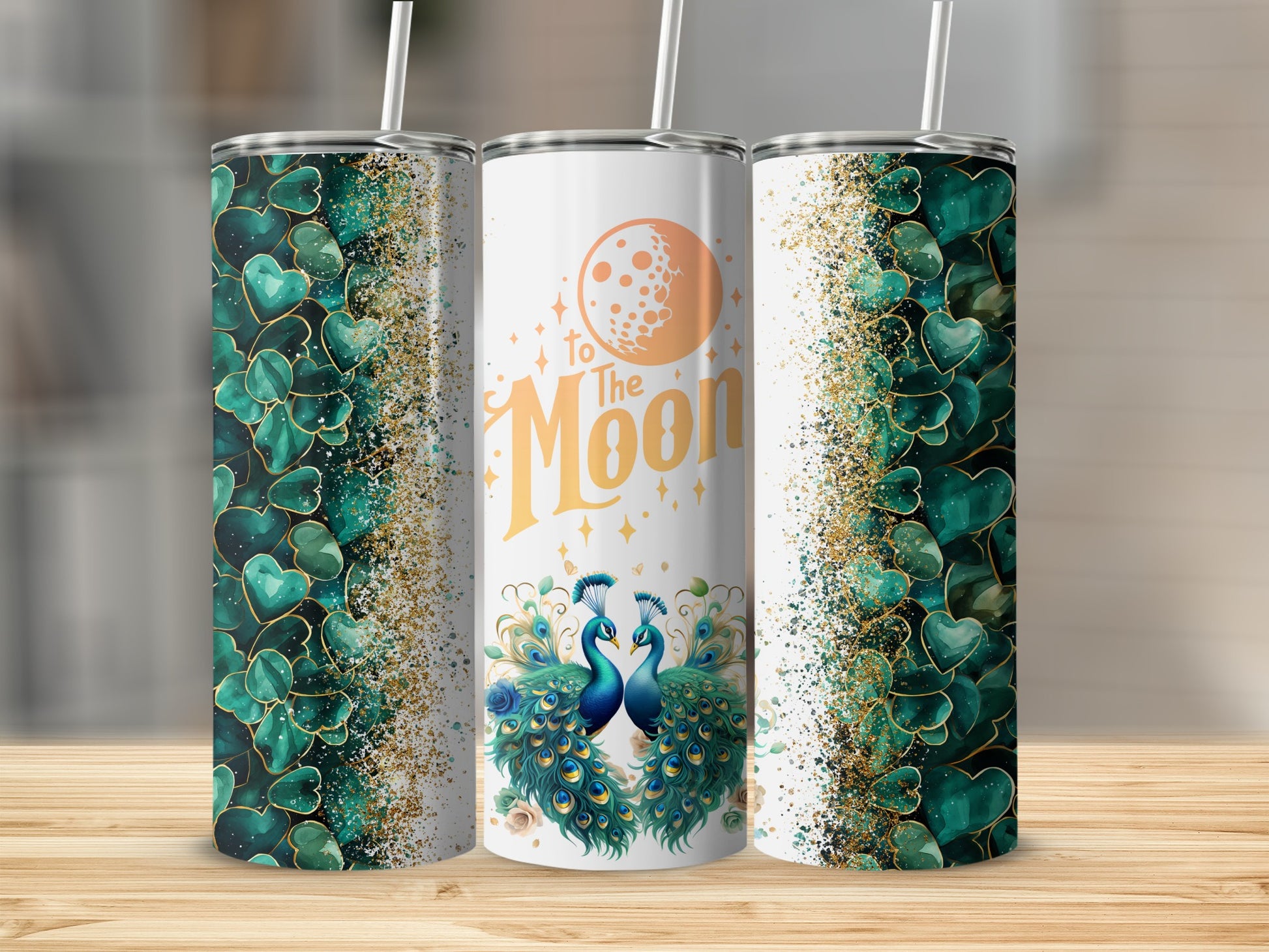 Elegant To The Moon Peacock Heart Design Tumbler