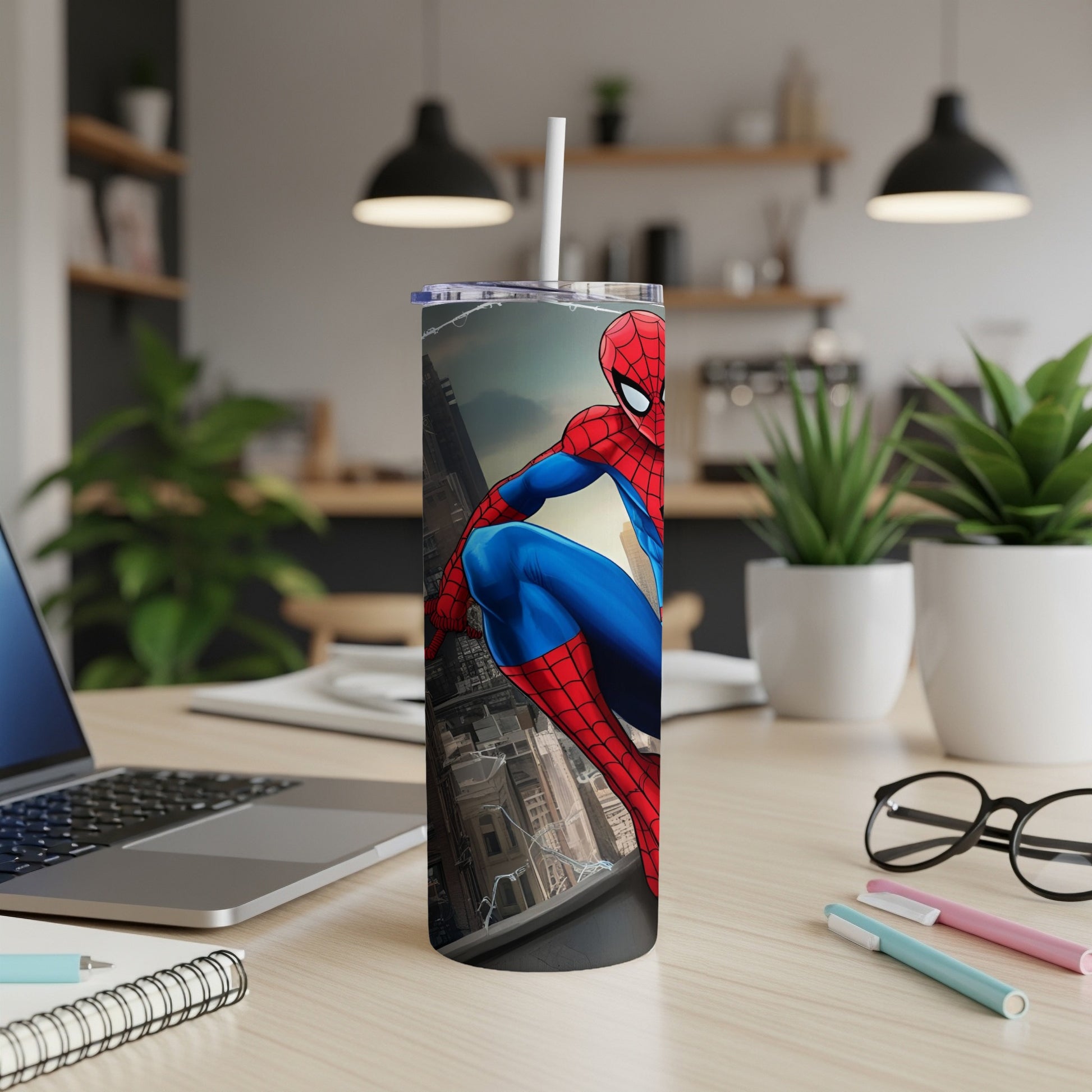 Spider-Man poised on a city building ledge, holding a white straw.