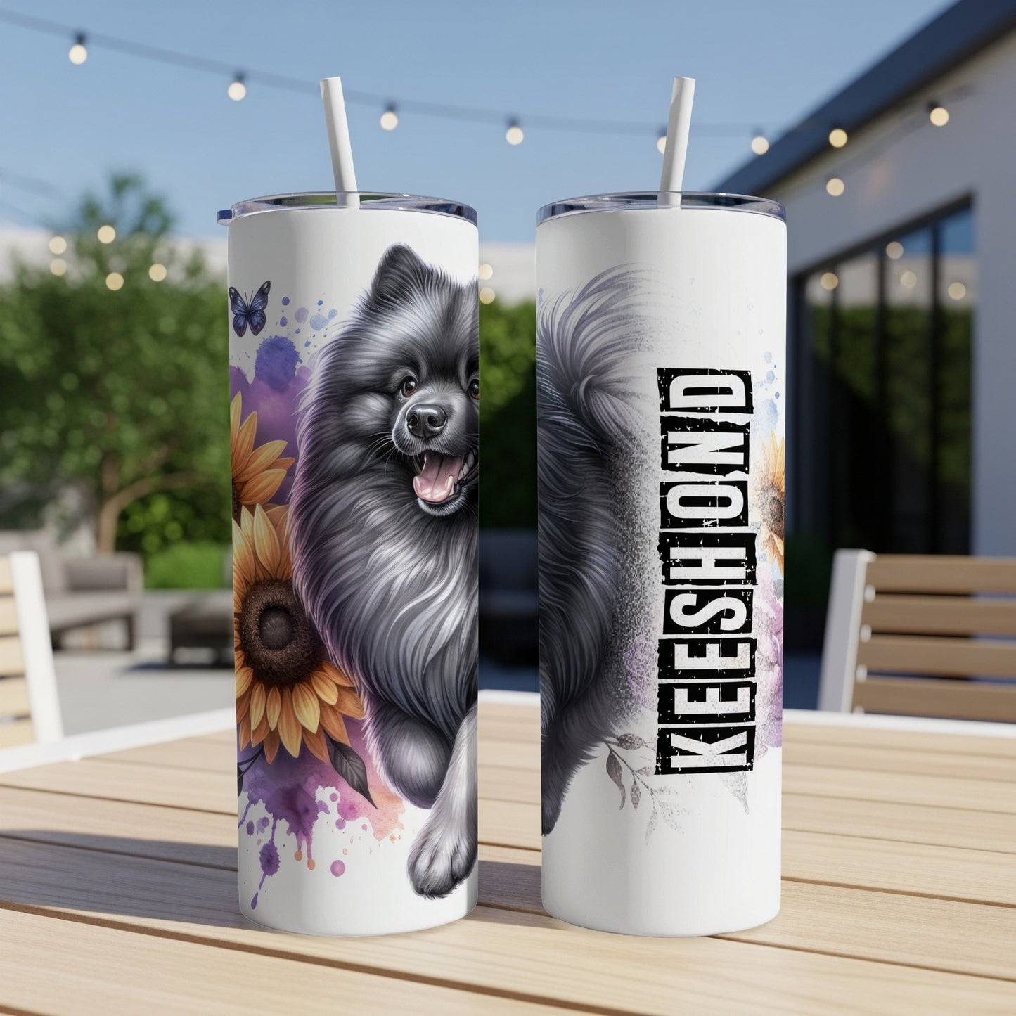 Keeshond dog with sunflowers and watercolor splashes on a tumbler.