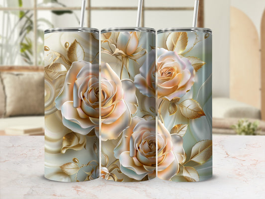 Three tumblers with delicate cream and gold roses and leaves.