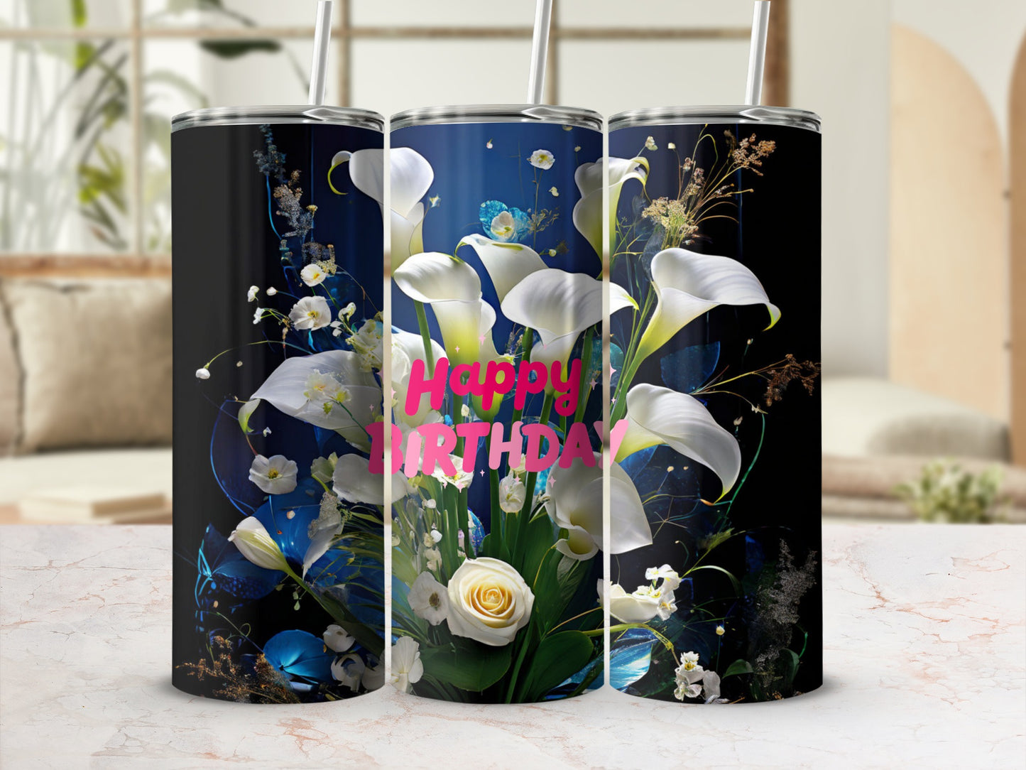 Floral arrangement with "Happy Birthday" text on a black tumbler.