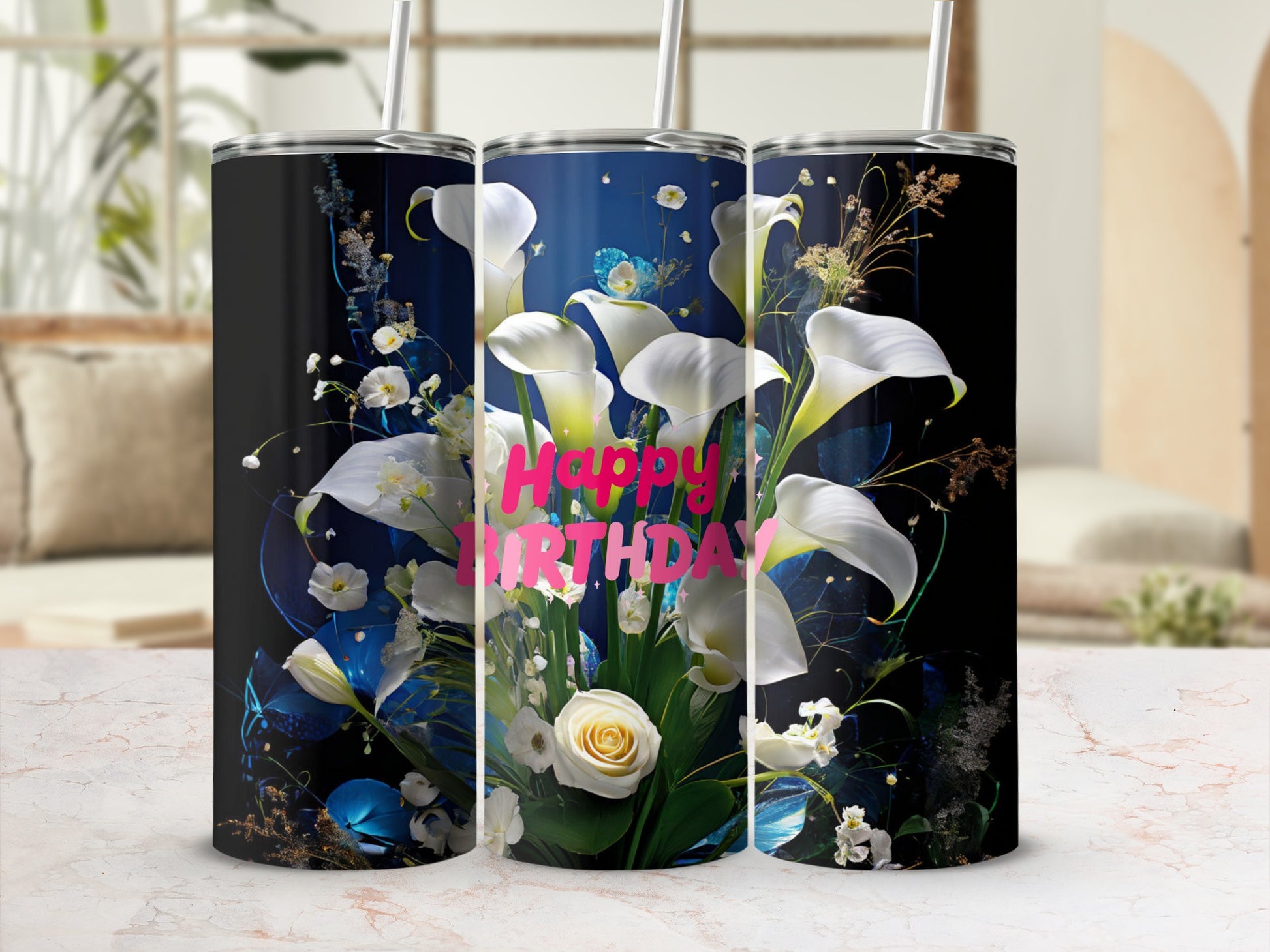 Floral arrangement with "Happy Birthday" text on a black tumbler.