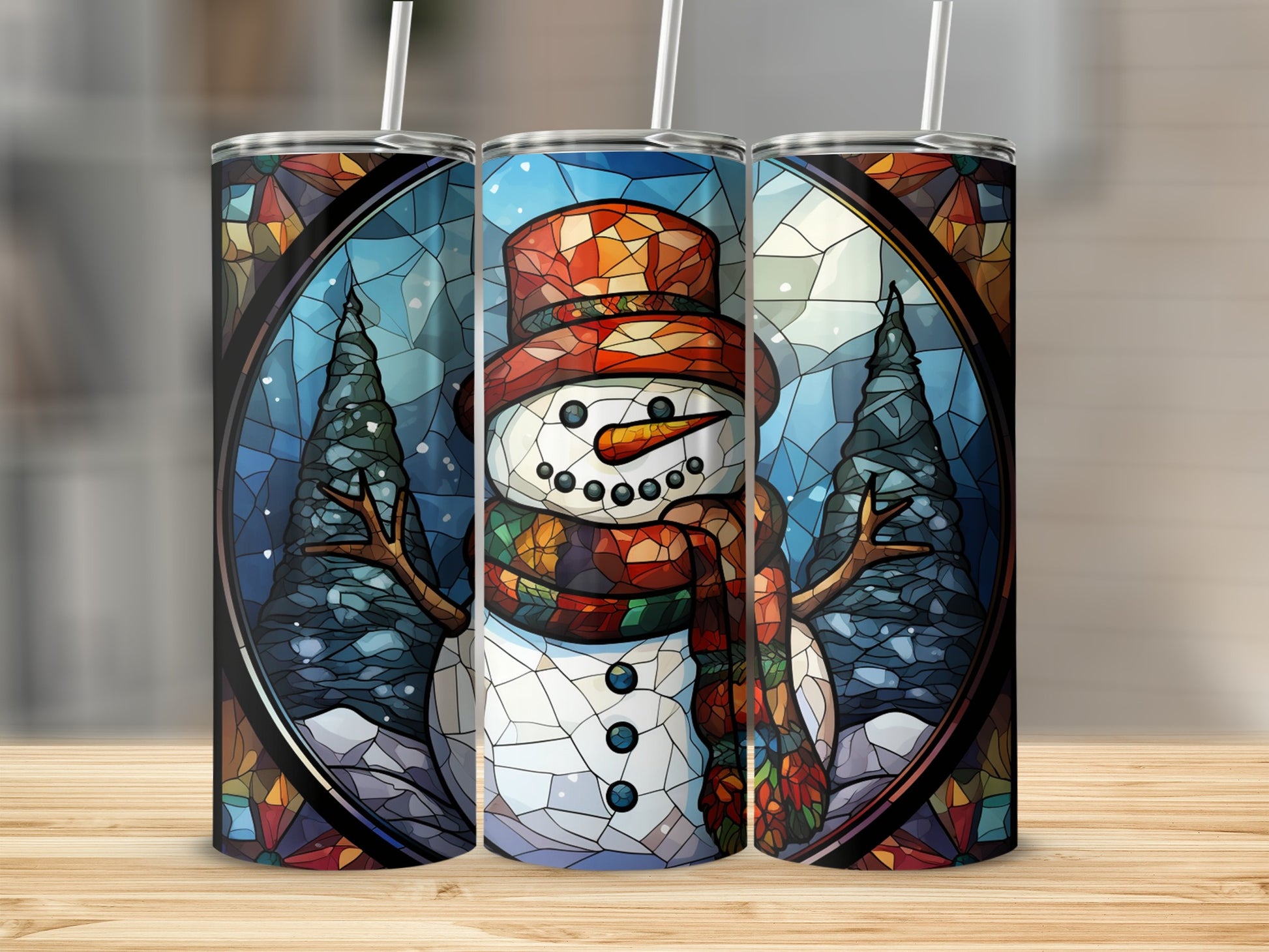Stained glass snowman with scarf and hat in winter scene.