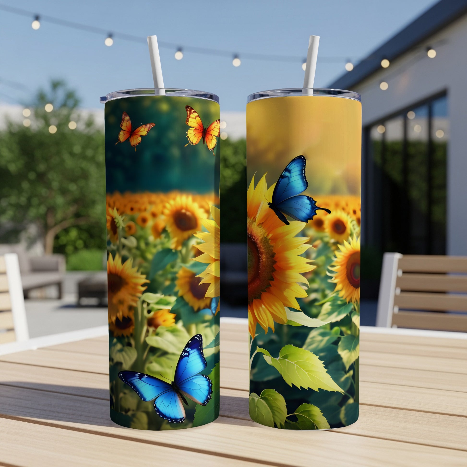Two tumblers with sunflowers and butterflies, one blue butterfly.