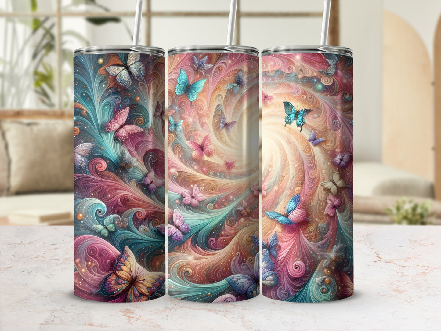 Vibrant Swirl Butterfly Patterns Tumbler Set Travel Cups