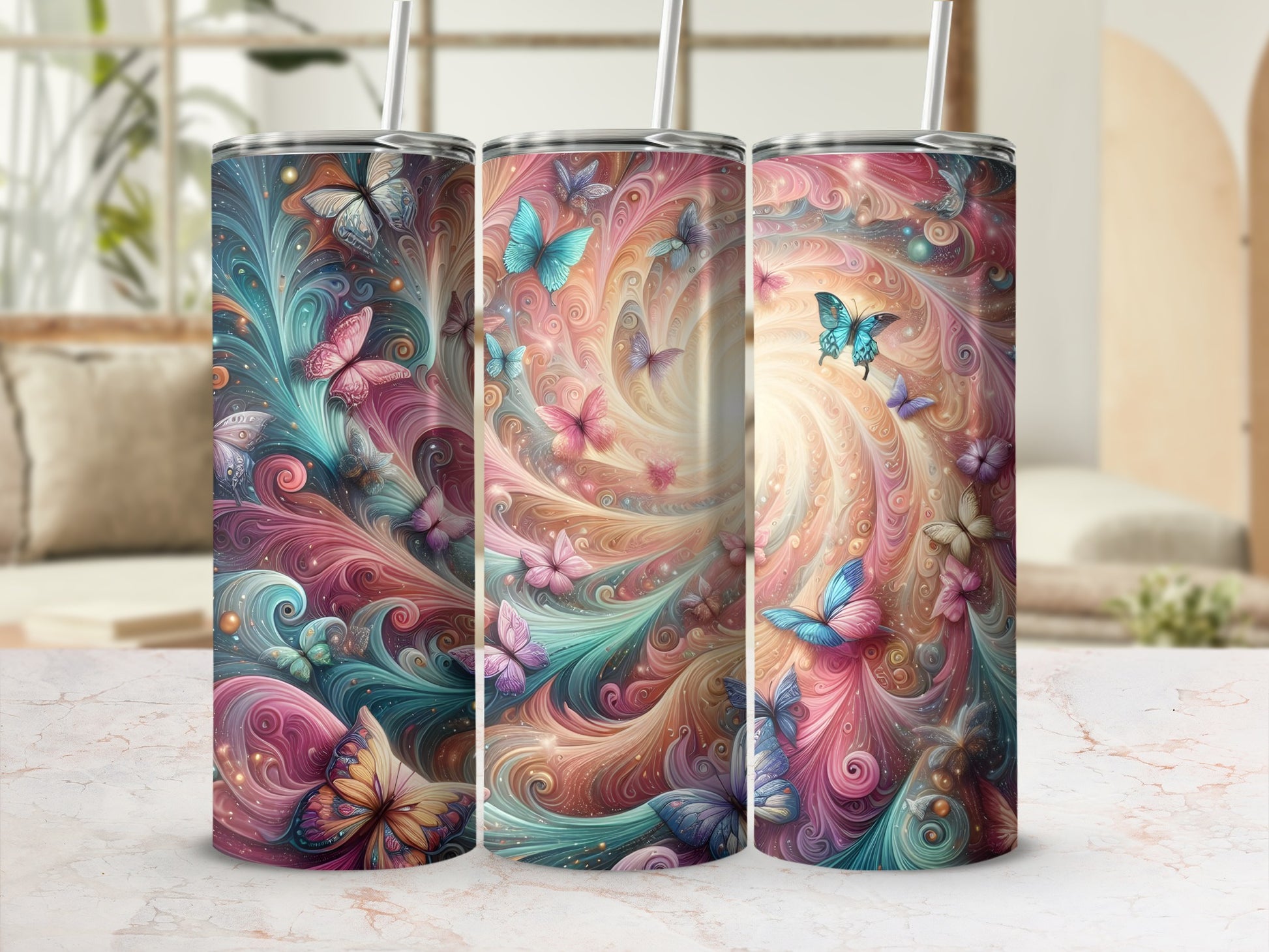 Vibrant Swirl Butterfly Patterns Tumbler Set Travel Cups