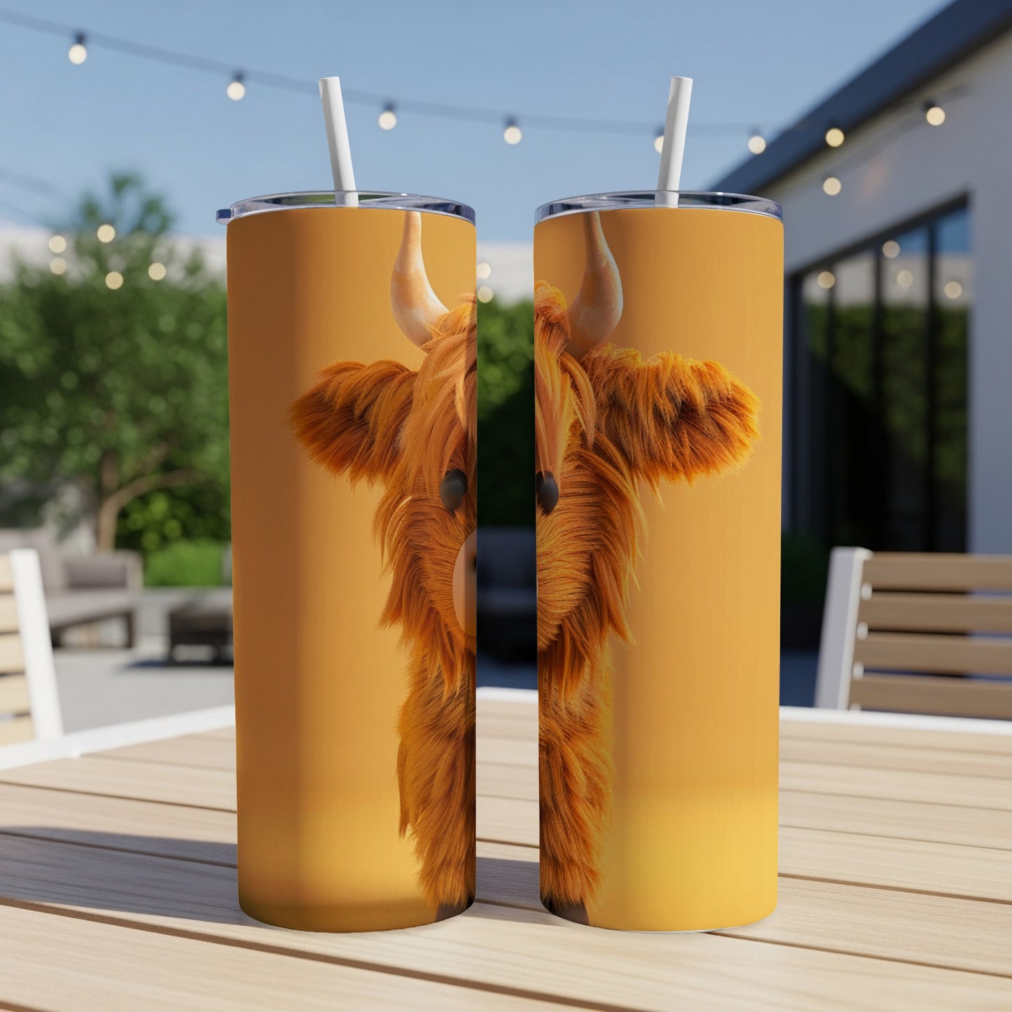 Two tumblers featuring a close-up illustration of a Highland cow's fluffy face.