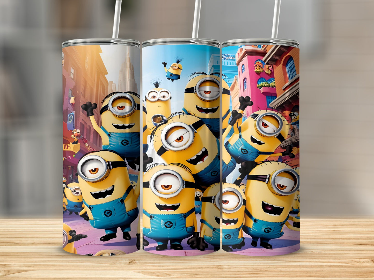 Minions characters on three tumblers with city background.