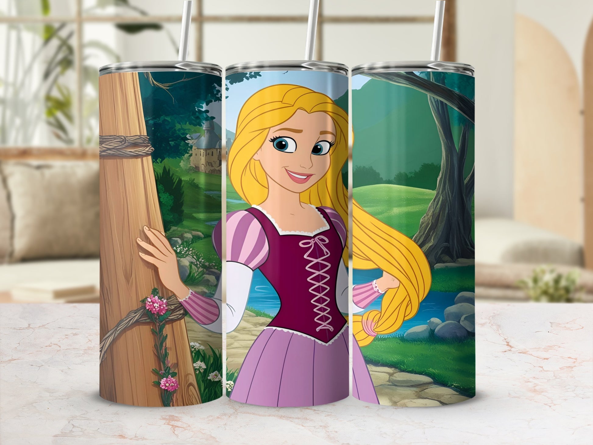 Rapunzel in a purple dress on a tumbler with a wooden pole and nature background.