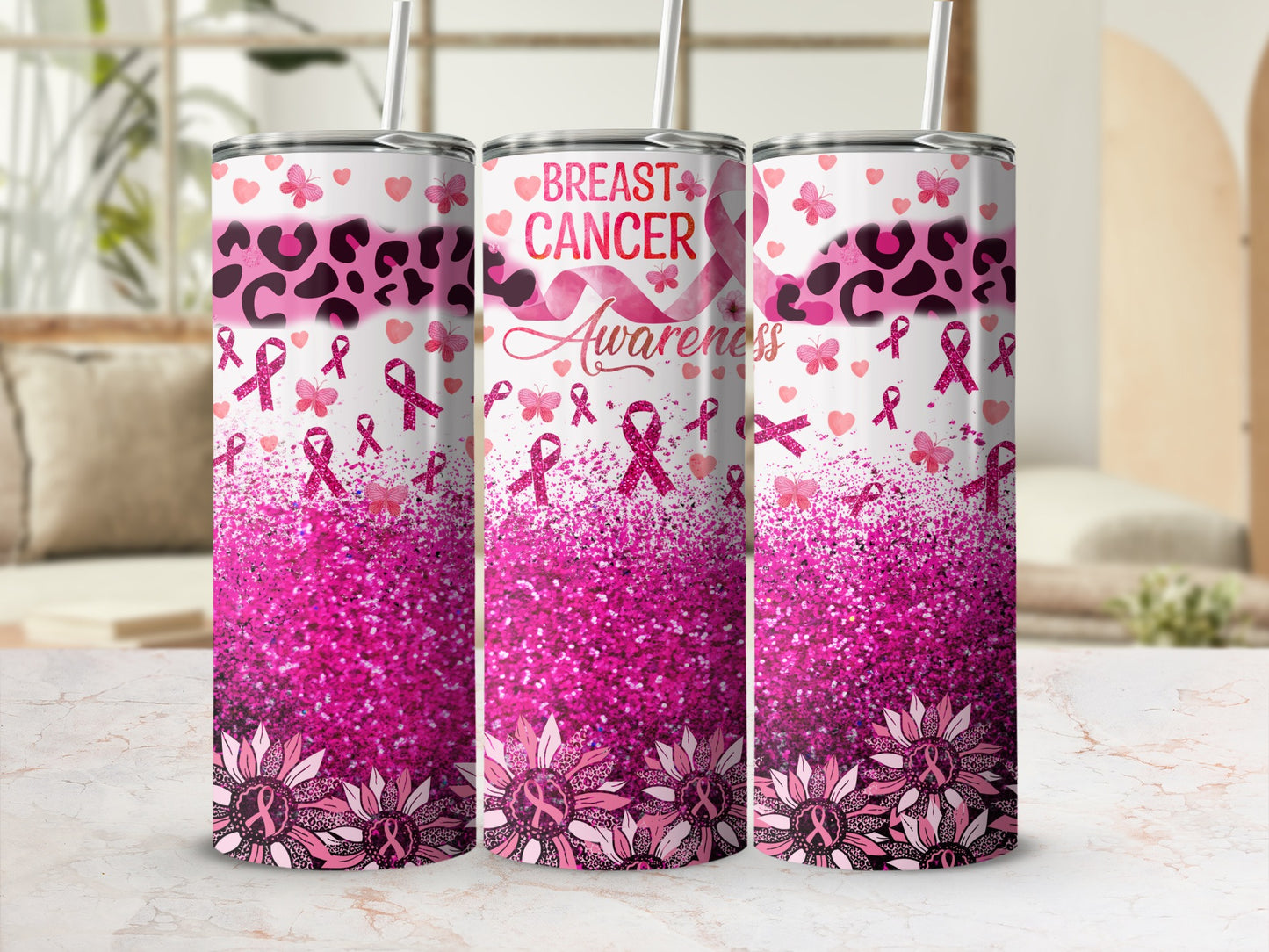 Pink glitter tumbler with leopard print and breast cancer awareness ribbon design.