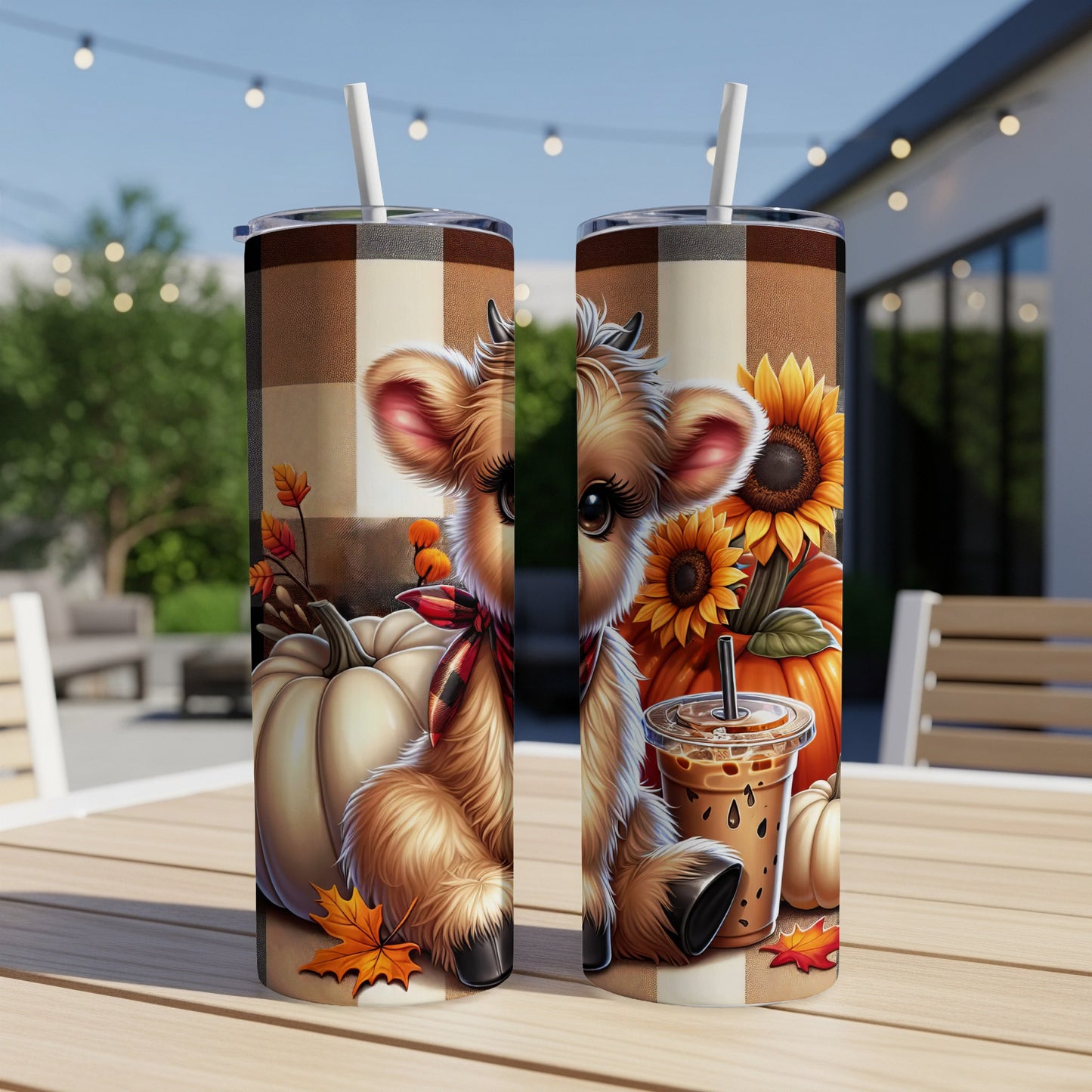 Cow and pumpkins fall design on two tumblers with straws.