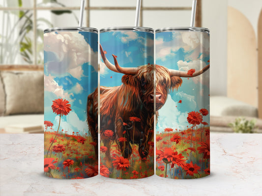 Highland cow with horns in a field of red flowers under a cloudy sky.