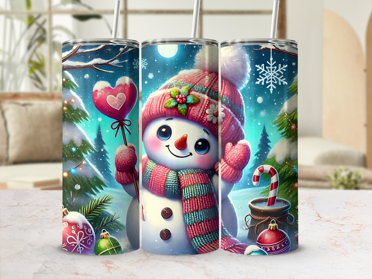 Adorable Snowman Christmas Scene Tumbler Design