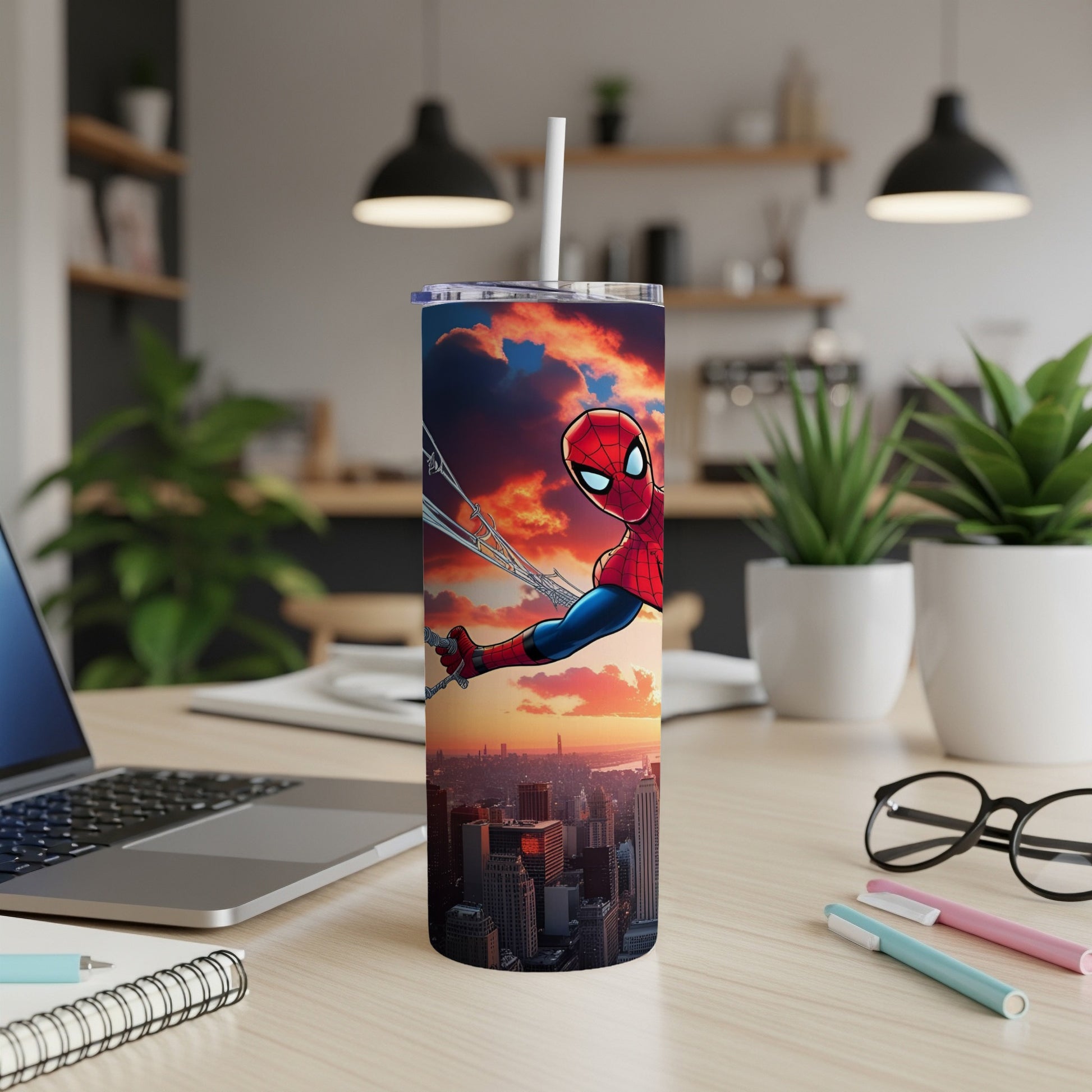 Spider-Man swinging through a city at sunset on a white skinny tumbler.