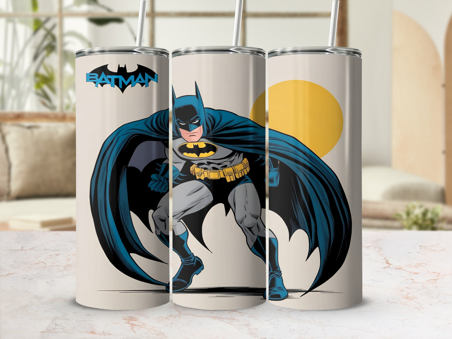 Batman leaning forward with cape billowing, full body, in front of a yellow moon.