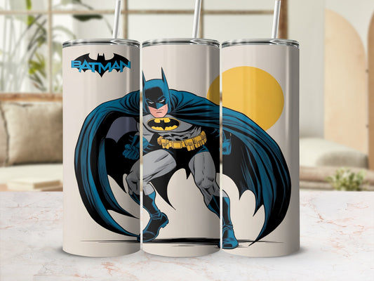 Batman leaning forward with cape billowing, full body, in front of a yellow moon.