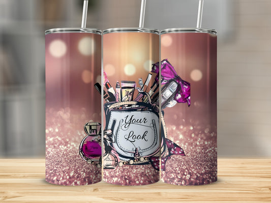 Glamorous Makeup Themed Sparkle Tumbler Design