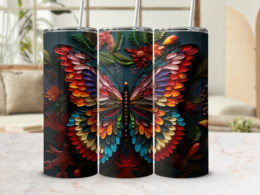 Dark tumbler with a vibrant, colorful butterfly and floral design.