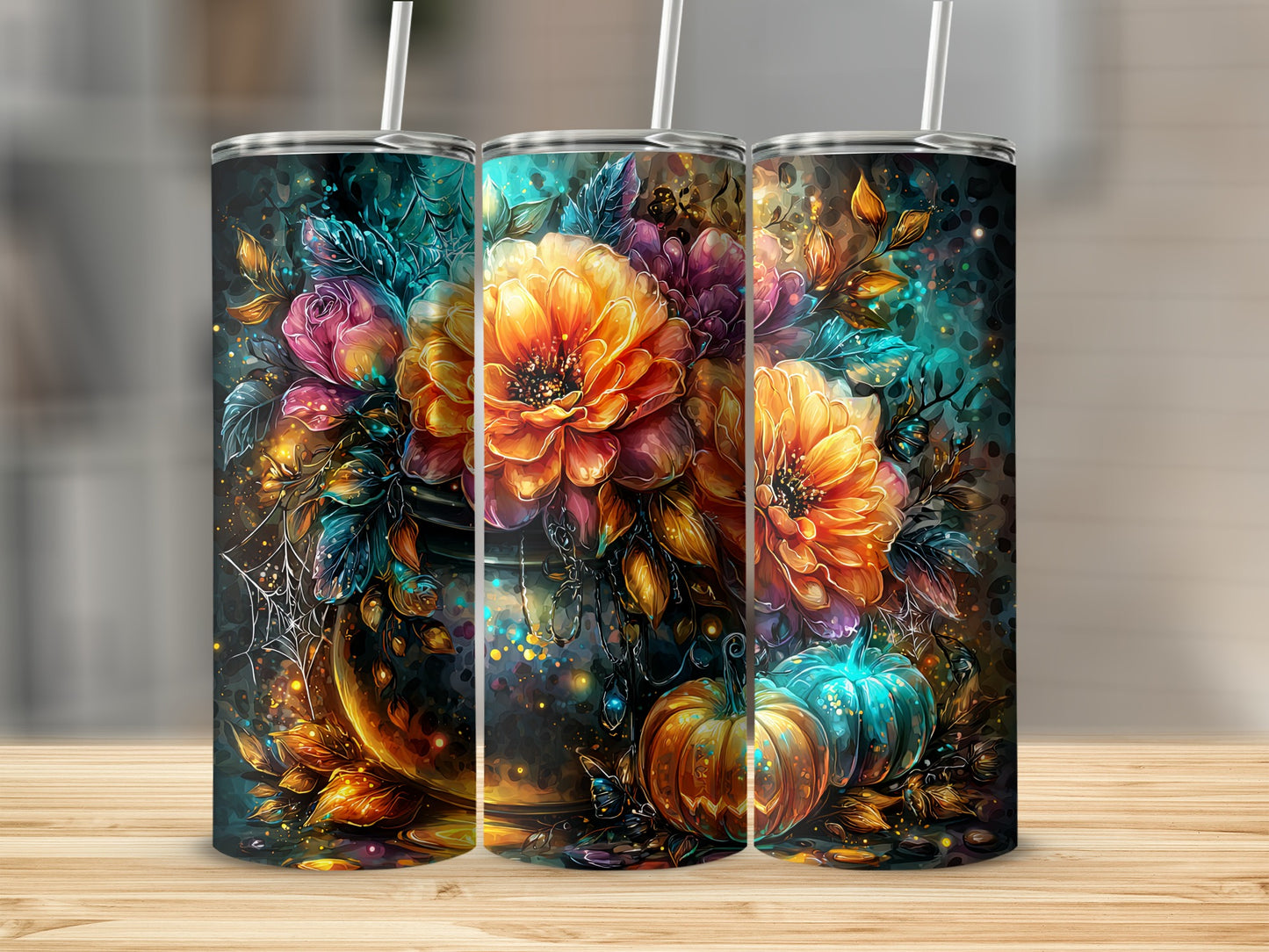 Vibrant Colorful Floral and Pumpkin Art Design Tumbler