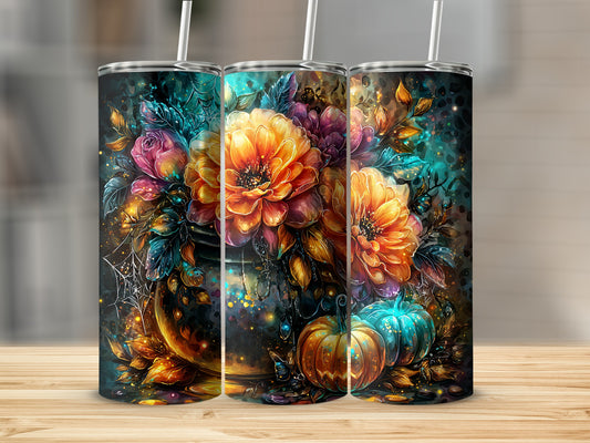 Vibrant Colorful Floral and Pumpkin Art Design Tumbler